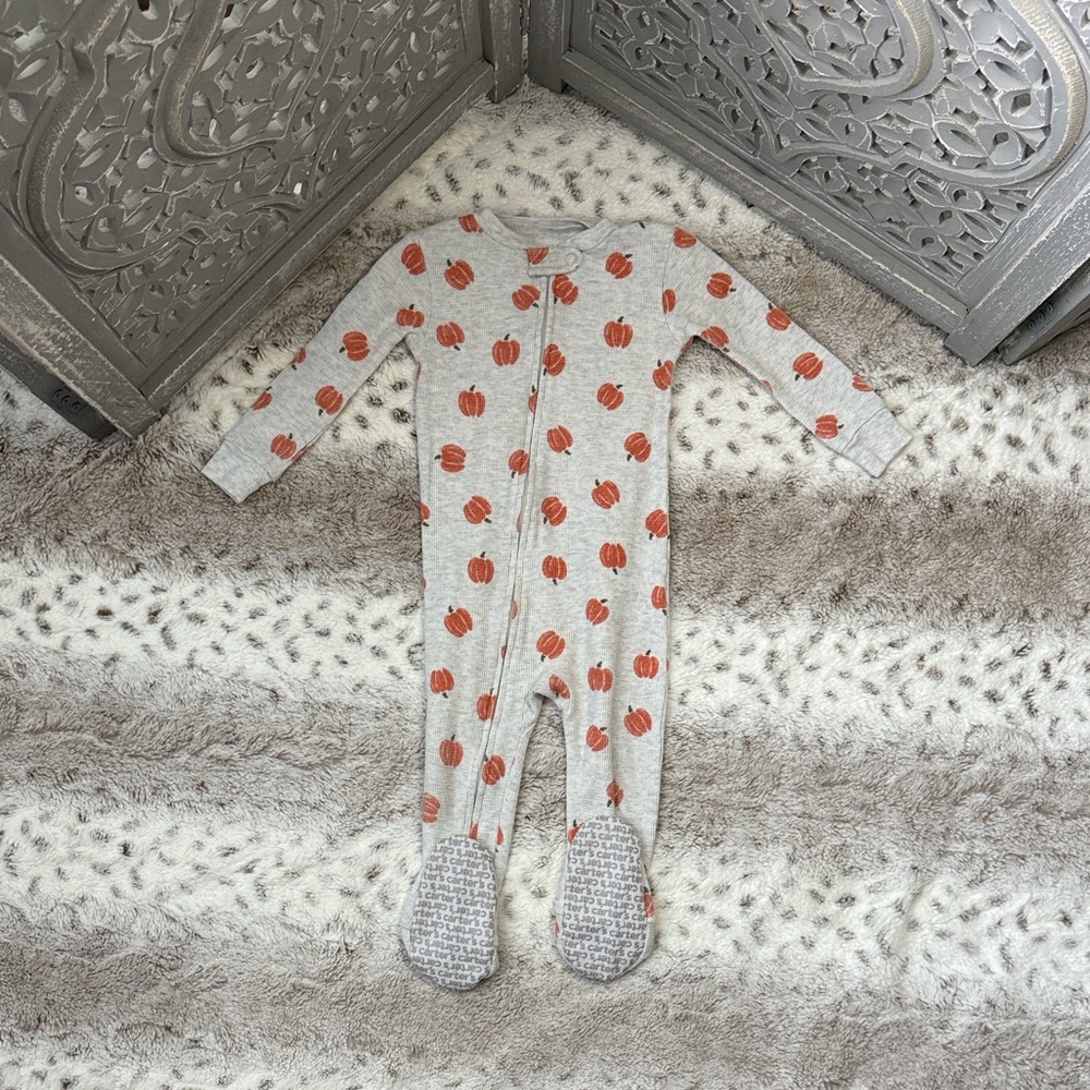 Carter’s pumpkin waffle knit thermal footie pajamas baby 24 months Halloween